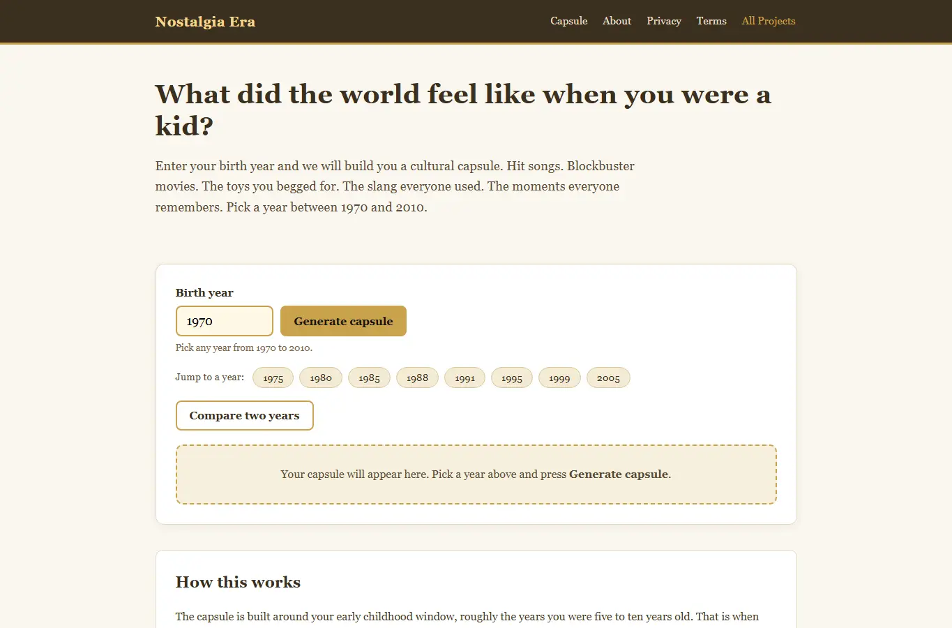Screenshot of Nostalgia Era Culture Capsule interface showing the project page in use